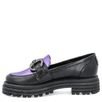 Skórzane mokasyny z ozdobą - LAURA MESSI 2692 CZARNO-FIOLETOWE
