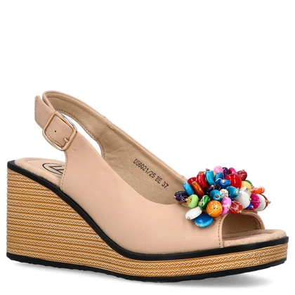 Skórzane sandały na koturnie - FILIPPO DS6021/25 BEŻOWE