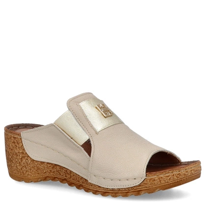 Skórzane klapki na koturnie - LEMAR 50109 BEŻOWE