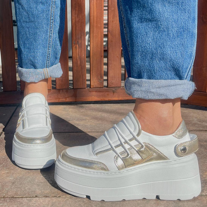 Sneakersy na lekkiej podeszwie - TYMOTEO R1001 BIAŁO-ZŁOTE