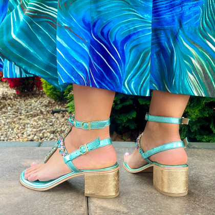 Zdobne sandały na obcasie - BOTTEGA SMERALDA 407CLC TURKUSOWE