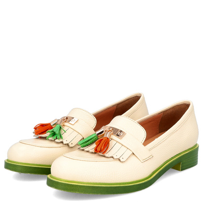 Skórzane mokasyny na kontrastowej podeszwie - TYMOTEO A1002 BEŻ+ZIELONY