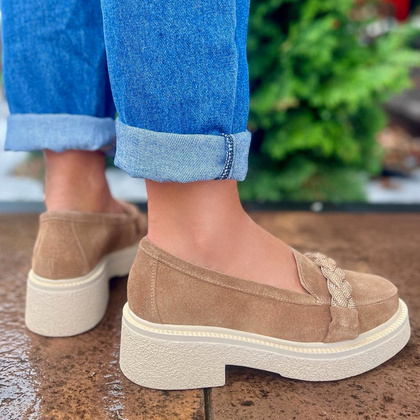 Skórzane mokasyny z ozdobą - TYMOTEO L1054 BRĄZOWE