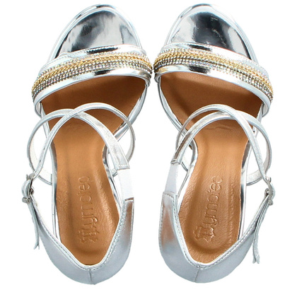 Sandały z cyrkoniami na szpilce - TYMOTEO P1015 SREBRNE