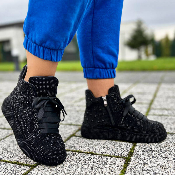 Błyszczące wysokie sneakersy damskie  - TYMOTEO LOVE 04 CZARNE