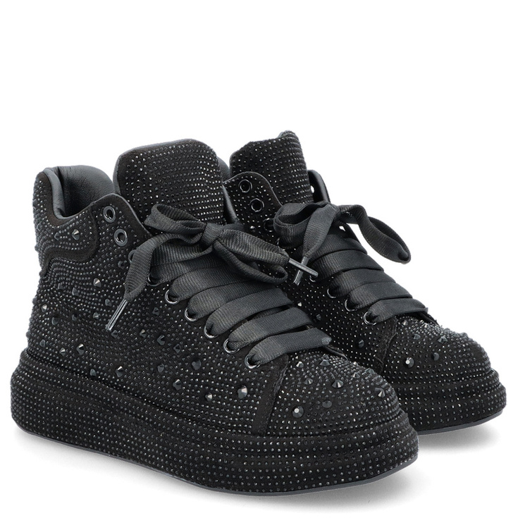 Błyszczące wysokie sneakersy damskie  - TYMOTEO LOVE 04 CZARNE