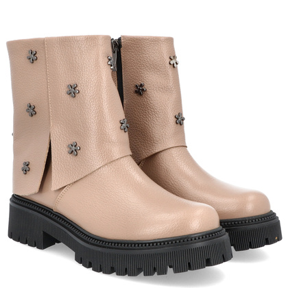 Skórzane botki z wywijaną cholewką - TYMOTEO G1068 BEŻOWE