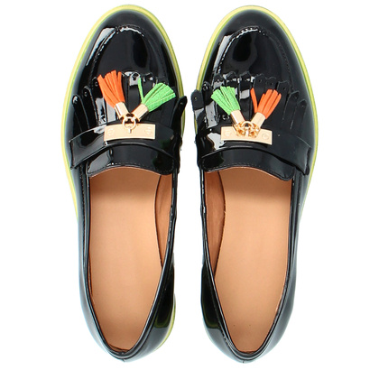 Skórzane mokasyny na kontrastowej podeszwie - TYMOTEO A1002 CZARNE+ZIELONY