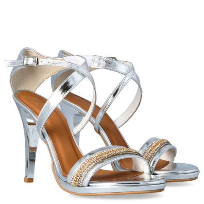 Sandały z cyrkoniami na szpilce - TYMOTEO P1015 SREBRNE