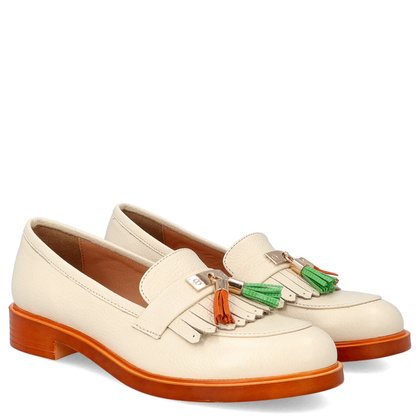 Skórzane mokasyny na kontrastowej podeszwie - TYMOTEO A1002 BEŻ+POMARAŃCZ
