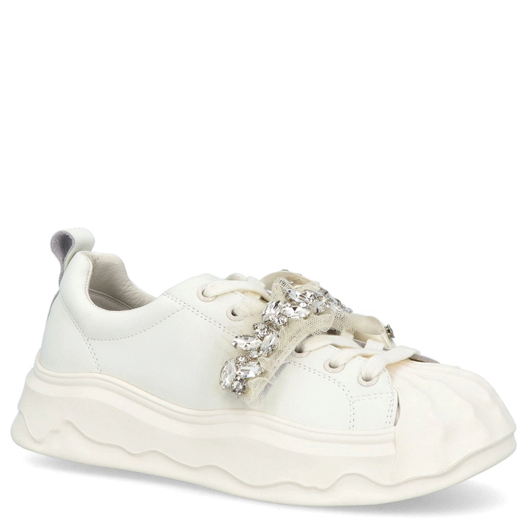 Skórzane sneakersy z ozdobą - SCAVIOLA S-324 BIAŁE