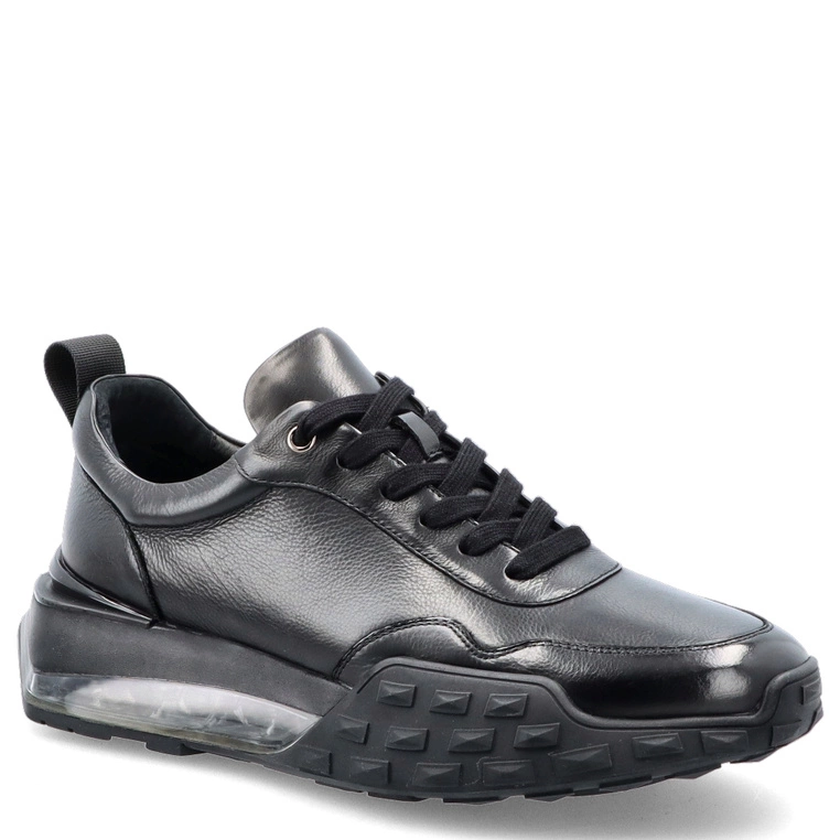 Sznurowane sneakersy męskie ze skóry - JOHN DOUBARE QA558U-W15-P742  CZARNE