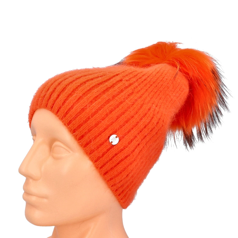 Czapka damska z pomponem - RABIONEK AN23.06PNJ POMARAŃCZOWA